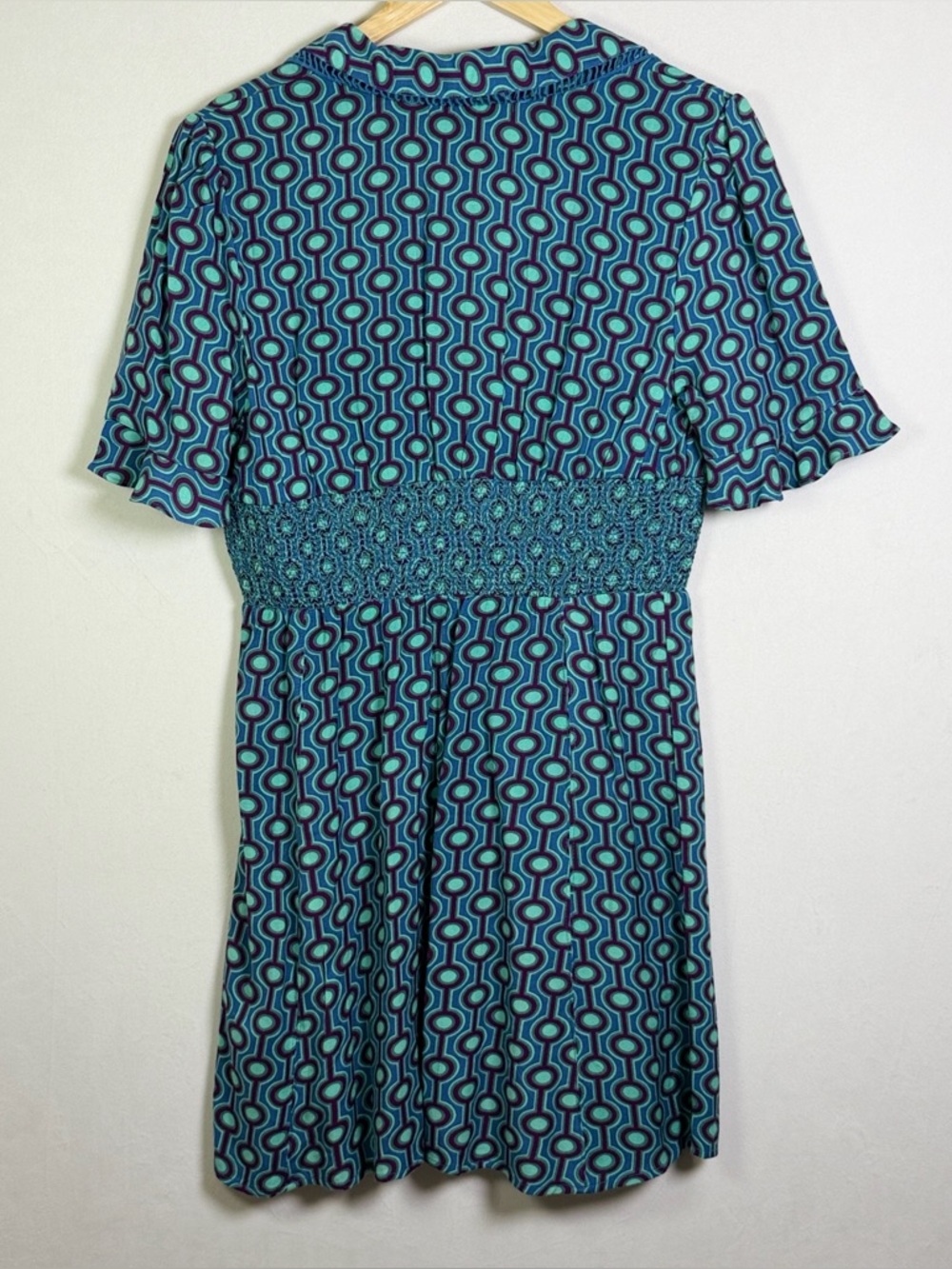 Urban Outfitters Women’s Blue Geometric Print Smocked Dress Boho Retro Y2K Sz L - Picture 11 of 12